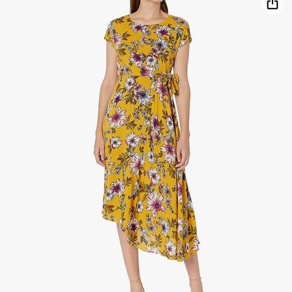 Donna Morgan Yellow Floral Asymmetrical Dress - Picture 1 of 13